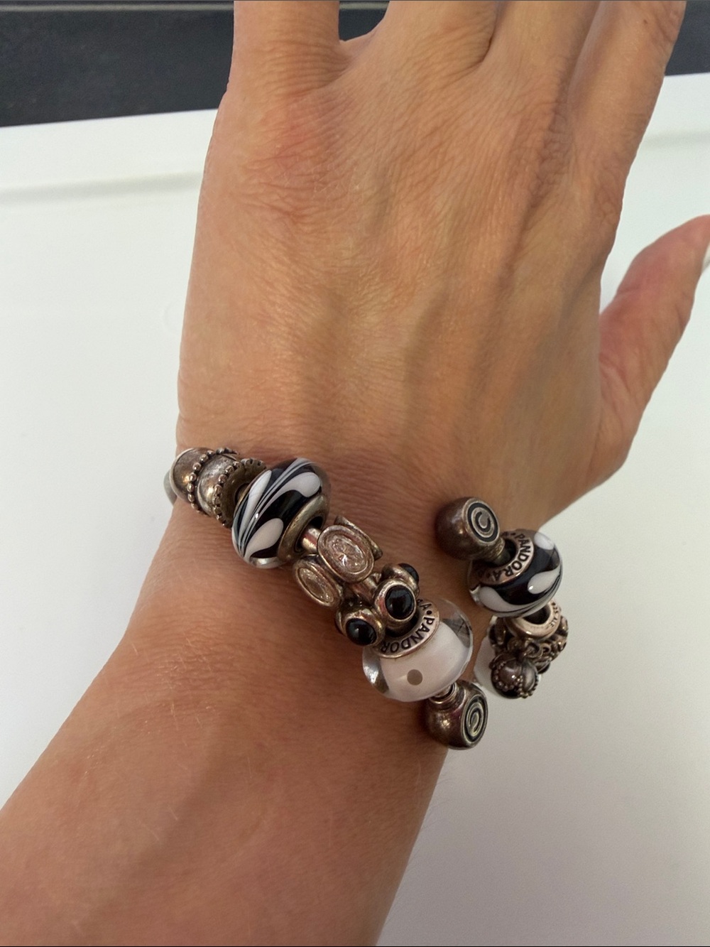 Vintage Pandora Charm Bracelet 925 ALE - 10 Retired Black & White Charms